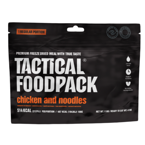 Tactical Foodpack Nuudliroog kanaga - külmkuivatatud kananuudliroog, pakendivaade, 514 kcal portsjoni kohta, netokaal 110g, valmistoidu kaal 410g