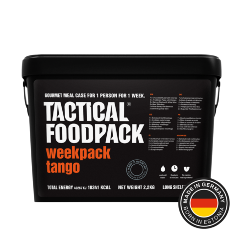 Tactical Foodpack Weekpack Tango – nädalane toidupakk mustas plastämbris, märgistusega 'Made in Germany, Born in Estonia' ja märgitud kaloraažiga 10 341 kcal.