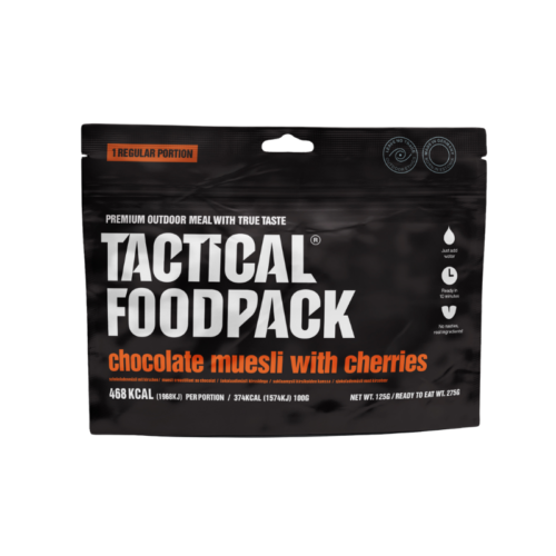 Tactical Foodpack Šokolaadimüsli kirssidega – 468 kcal sisaldav külmkuivatatud hommikusöök, mis sobib matkale või hädaolukordadeks.