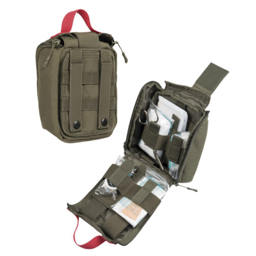 Avatud ja suletud vaates IFAK Pouch esmaabi komplekt koos MOLLE-kinnitusega ning sisemuses organiseeritud meditsiinitarvikutega.