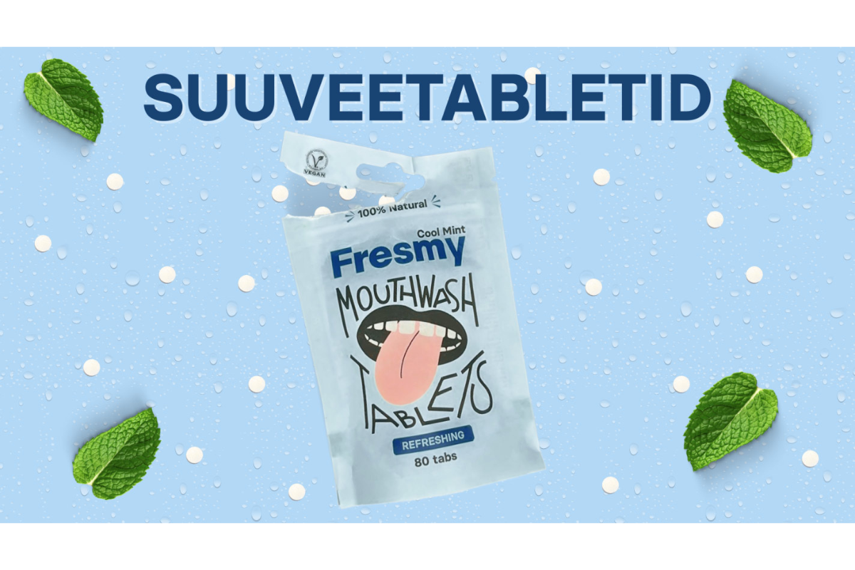 Fresmy suuveetablettide pakend sinisel taustal koos piparmündilehtede ja veepiiskade illustratsioonidega, esile tõstetud tekst "SUUVEETABLETID". 