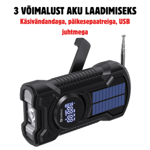 Krizinį radiją galima įkrauti rankenėle, saulės baterija arba USB laidu