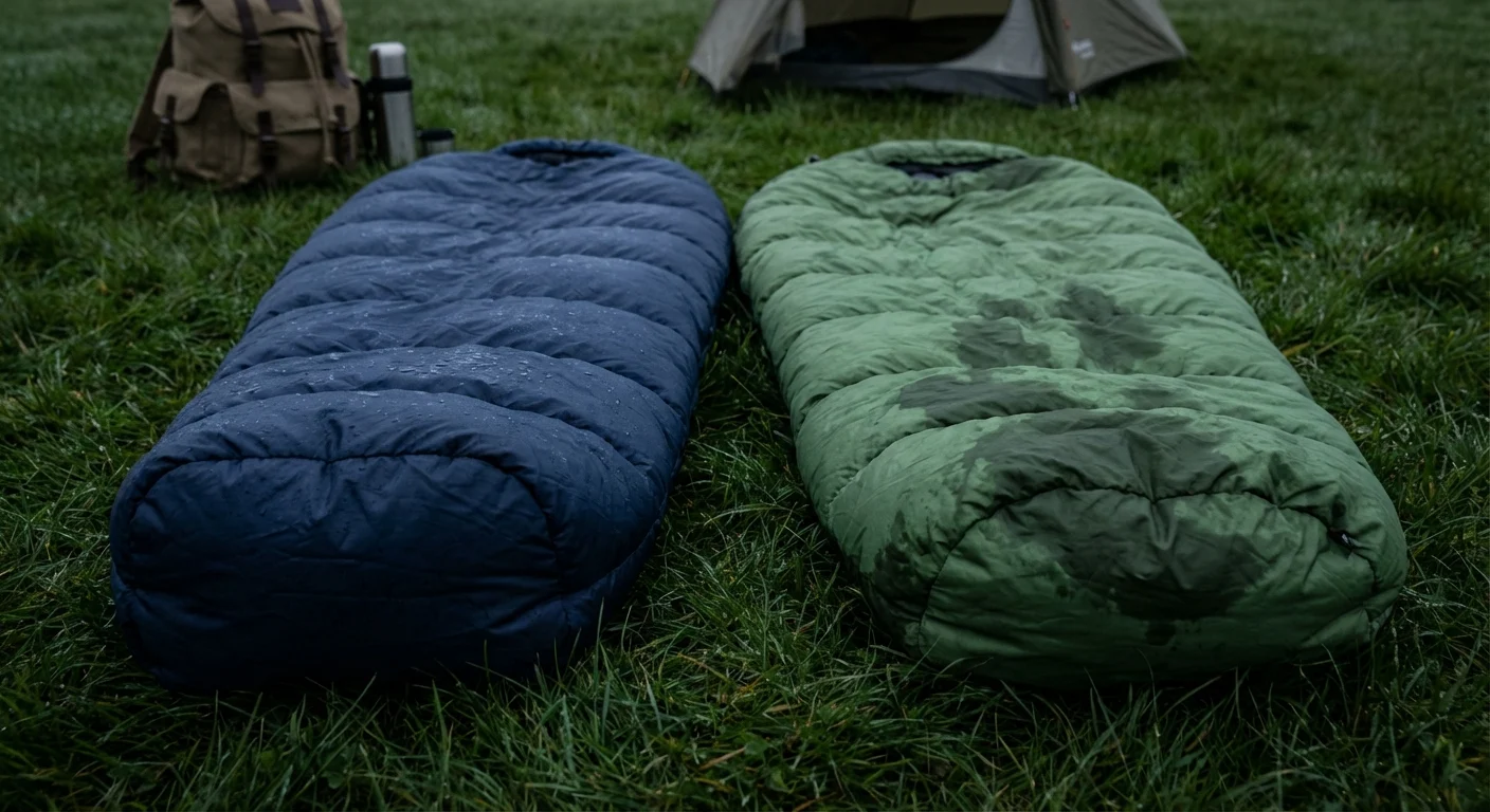 Dviejų miegmaišių palyginimas šalia, vienas su pūkų, kitas su sintetiniu užpildu