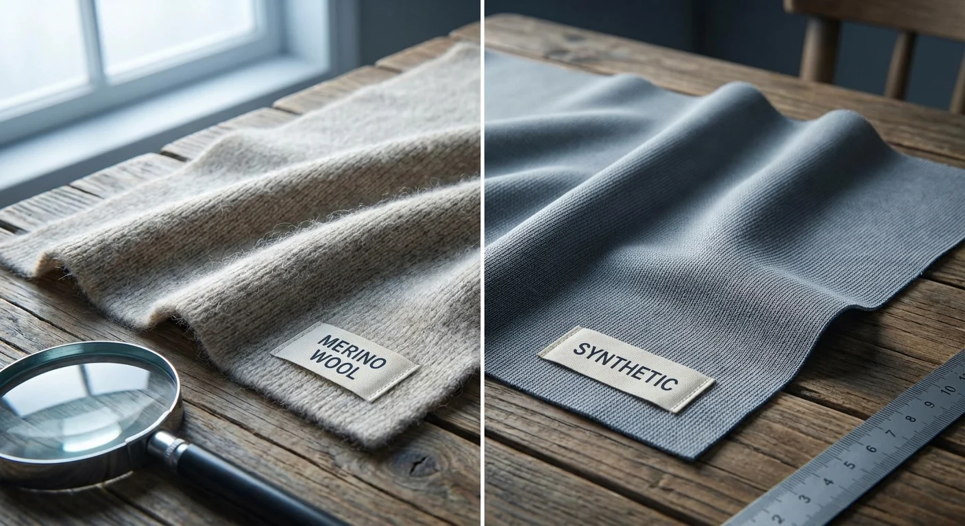 Zbliżenie na dwa różne rodzaje tkanin termoaktywnych: porównanie wełny merino i materiału syntetycznego na drewnianym stole