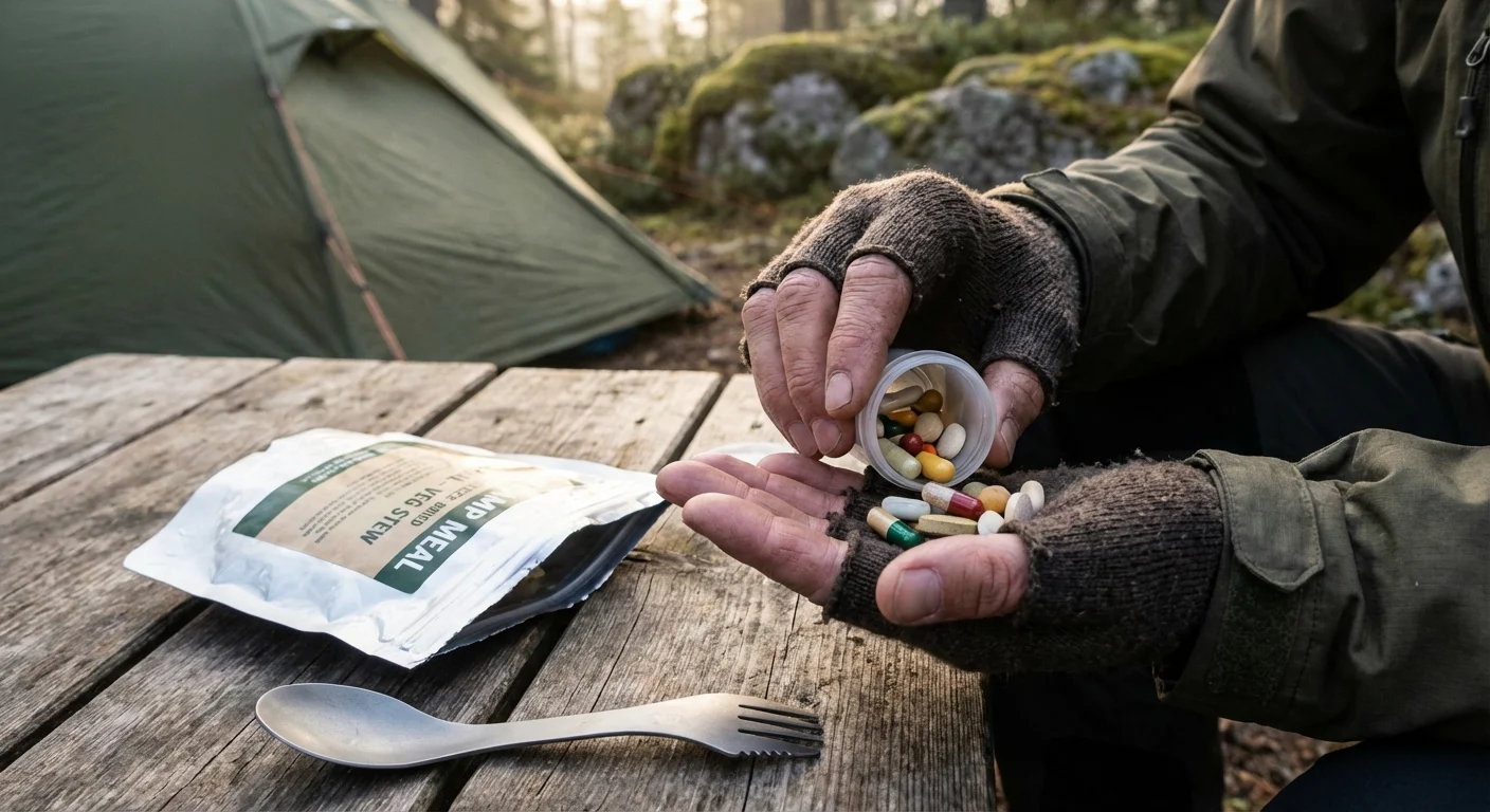 Žygeivio rankos, rūšiuojančios vitaminus ir mineralus į mažas dėžutes