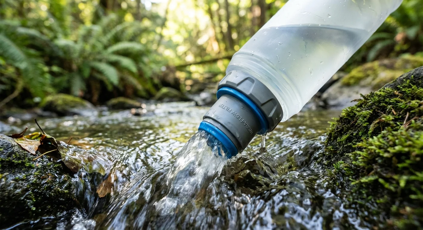 Zbliżenie na nowoczesny filtr turystyczny typu soft-flask podczas oczyszczania wody z potoku