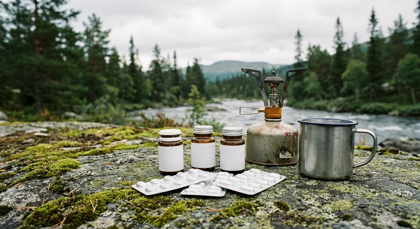 Zbliżenie na zestaw witaminy D, C i cynku w plecaku, idealny do zabrania w podróż