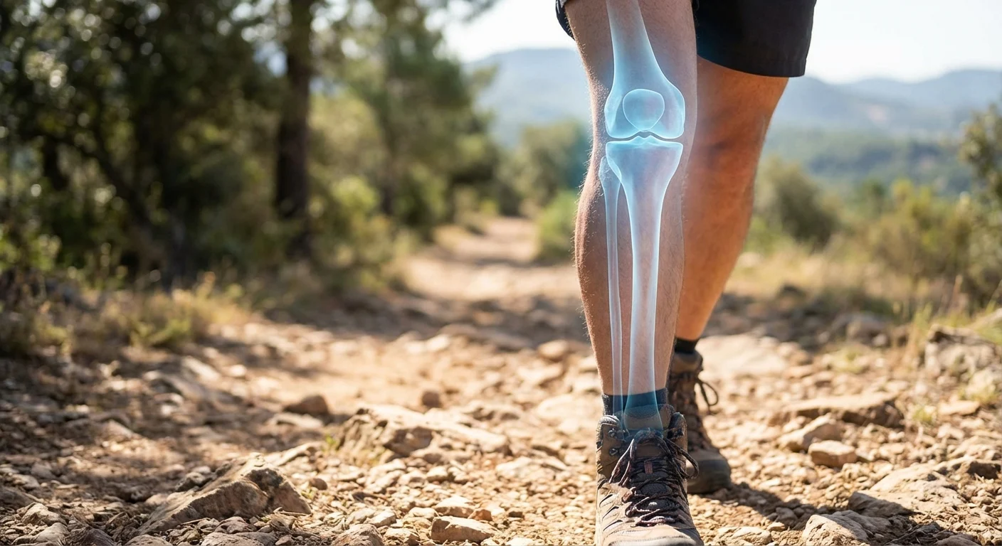 Žmogaus kelio sąnario ir blauzdikaulio fotorealistinis artimas planas žygio metu