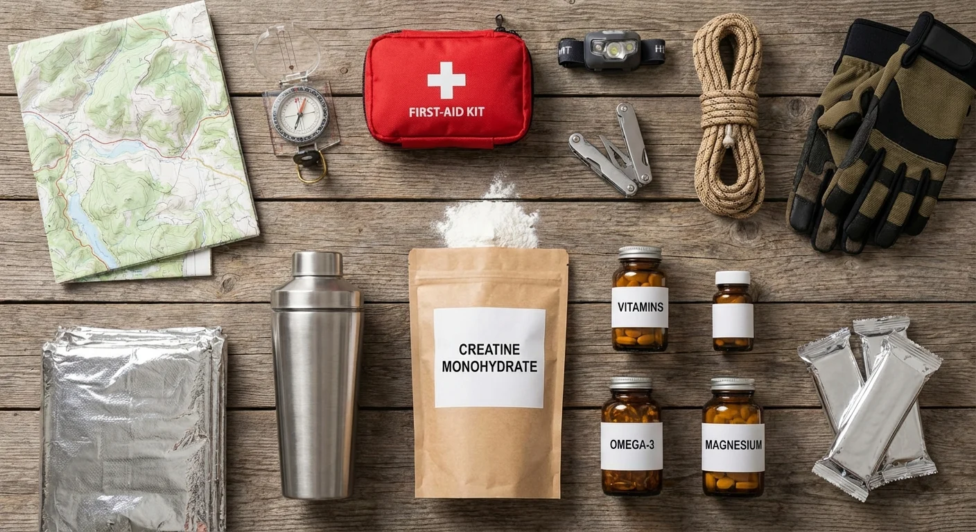 Sprzęt turystyczny i suplementy diety rozłożone na drewnianym stole, w tym monohydrat kreatyny, witaminy, magnez i omega-3