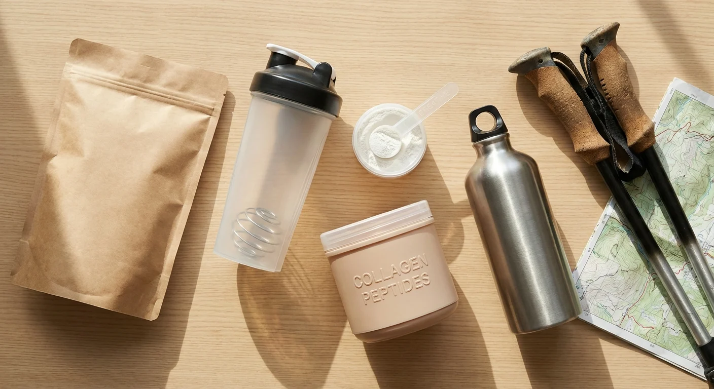 Saugios sporto mitybos ir žygio įrangos išdėstymas, įskaitant baltymų miltelius ir gertuvę