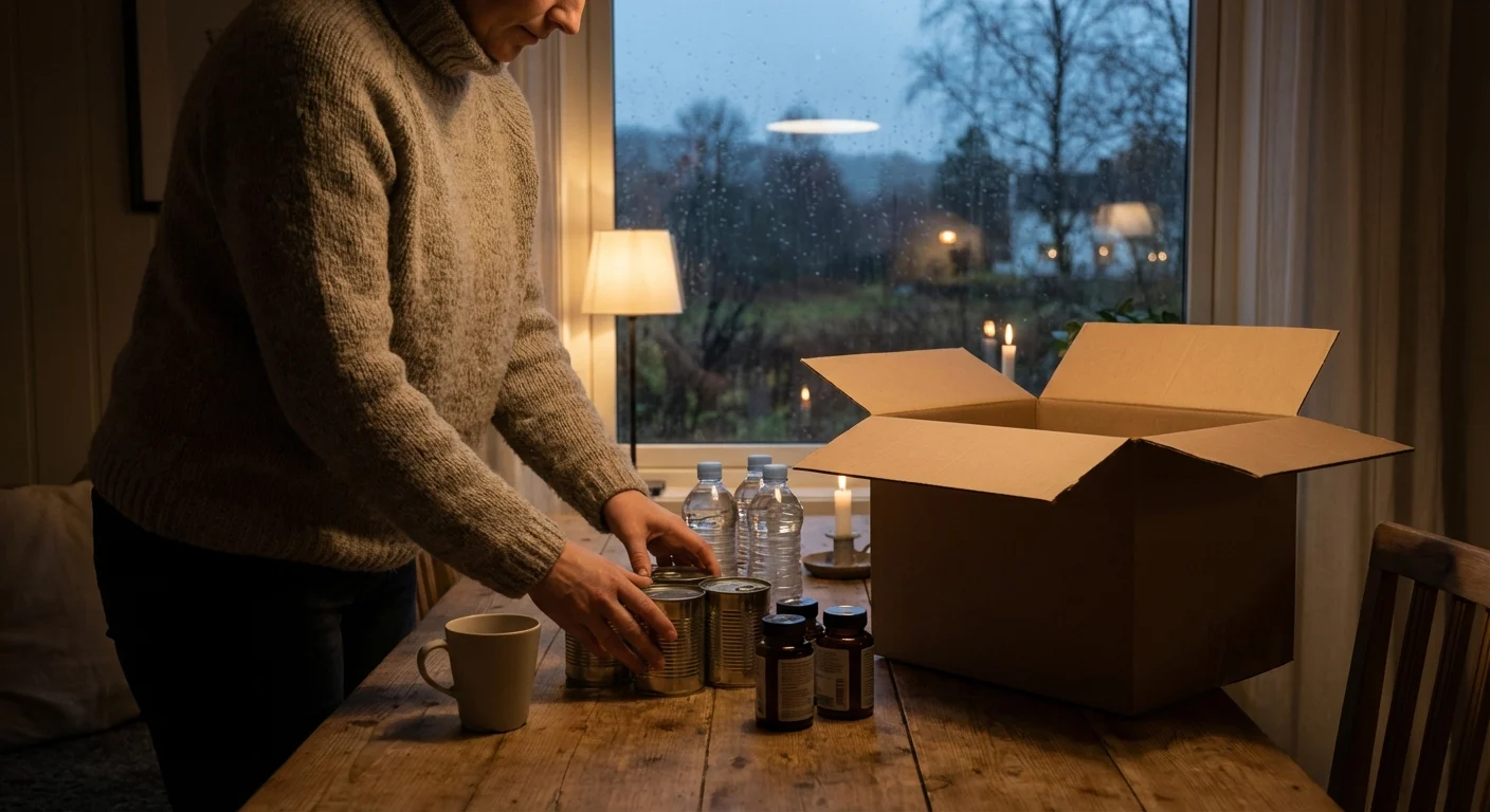 Žmogus namuose į atsargų dėžę dėliojantis konservus, vandenį ir maisto papildus