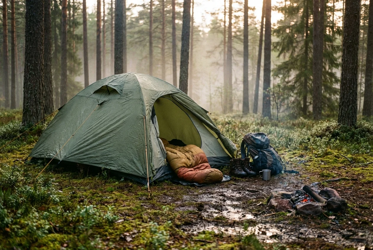Wodoodporny namiot i śpiwór na małym obozowisku w lesie sosnowym