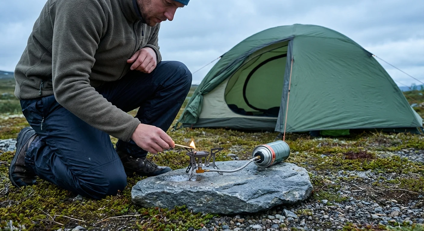 Žygeivis saugiai uždega dujinį primusą ant uolėto paviršiaus prie palapinės