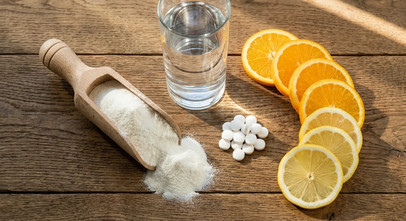 Proszek kolagenowy na drewnianej łyżce, szklanka wody, tabletki witaminy C oraz plastry pomarańczy i cytryny na drewnianym stole