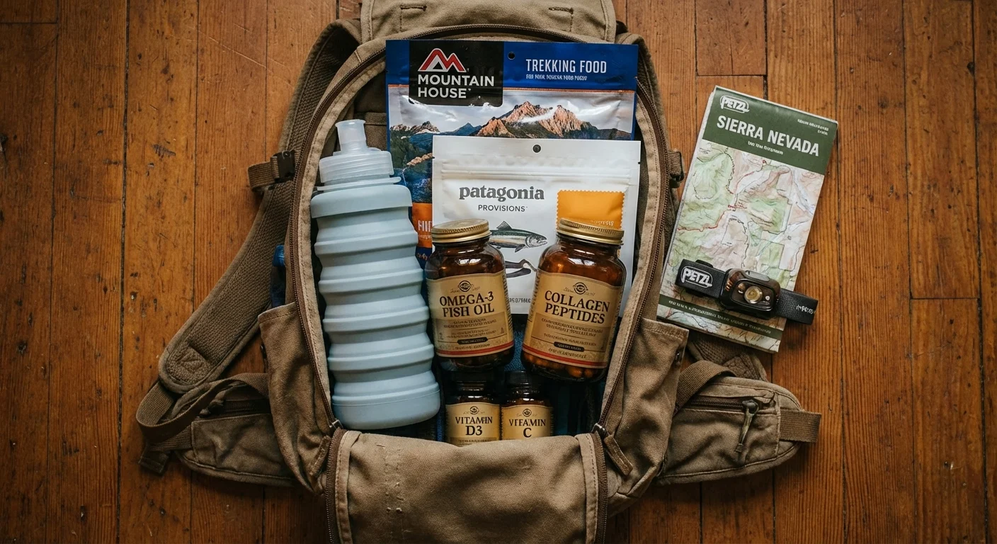 Widok z góry na otwarty plecak turystyczny, w którym ułożono jedzenie liofilizowane, butelkę wody, kolagen, omega-3, witaminy D i C oraz mapę szlaków.