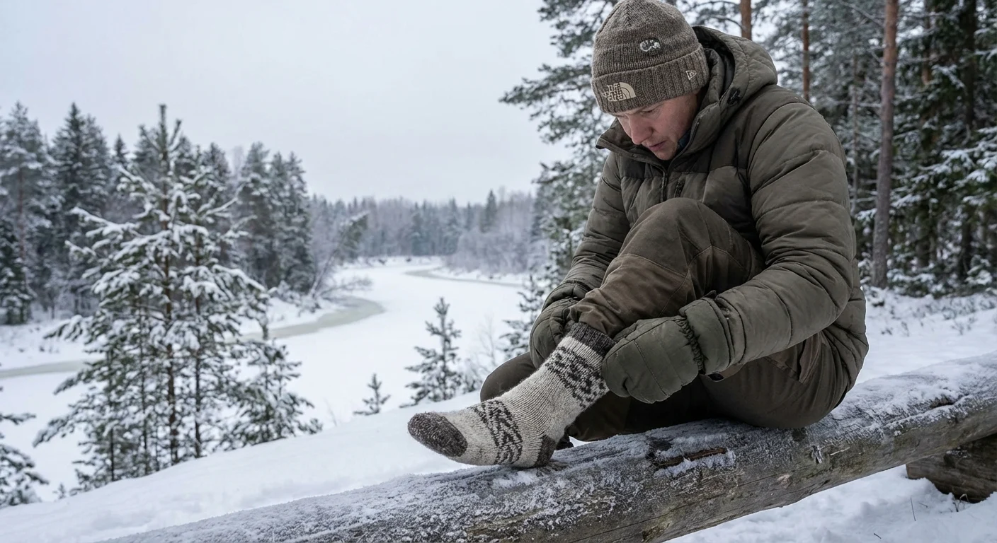 Zimowa sceneria, na której widać osobę w ubiorze warstwowym, bieliźnie termoaktywnej, rękawicach, czapce i grubych skarpetach trekkingowych na zaśnieżonym terenie