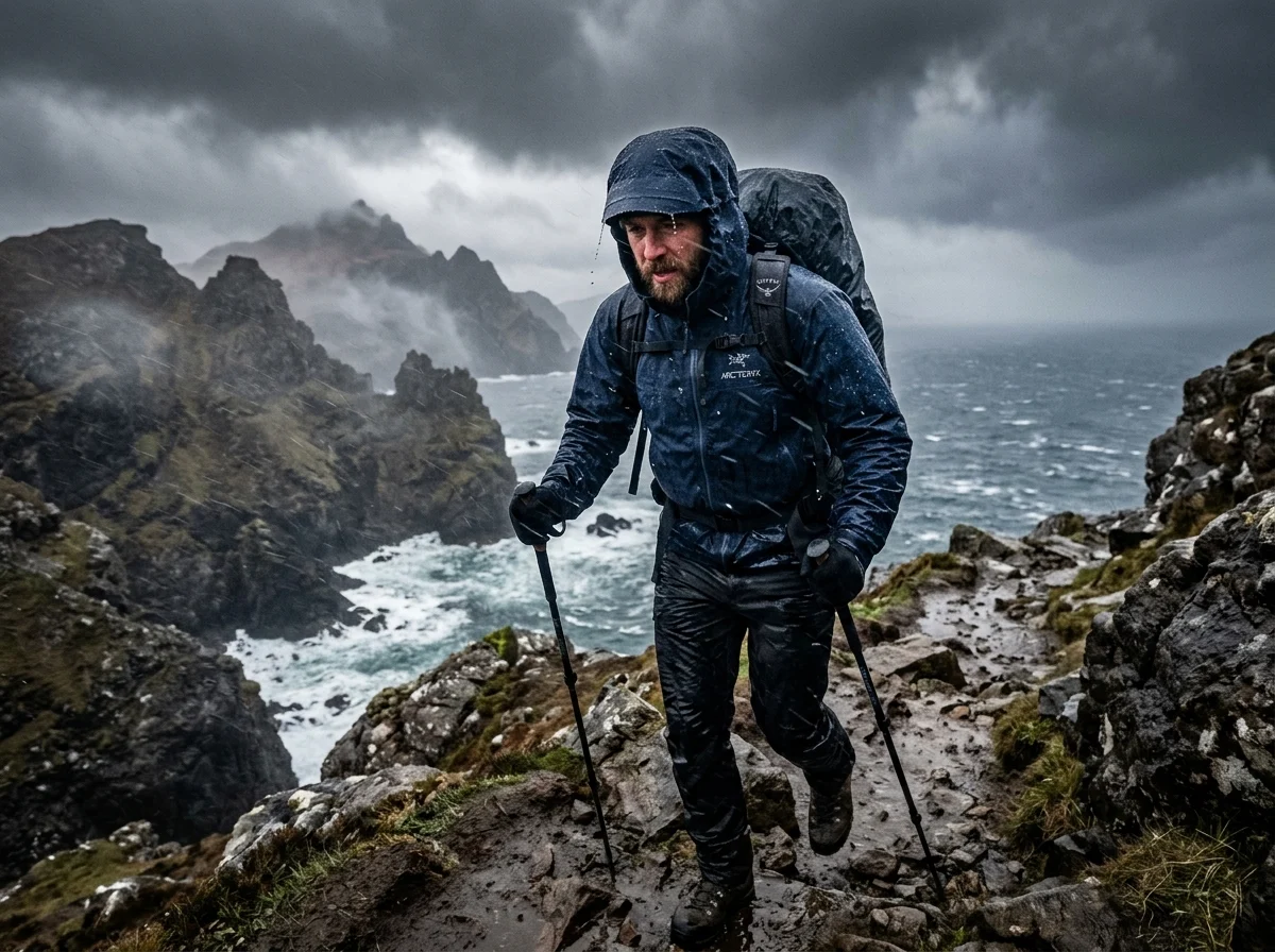 Wędrowiec w kurtce membranowej podczas sztormu